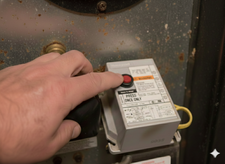 Oil burner reset button location on a residential heating system primary control box
